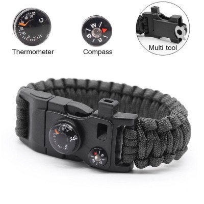 Hiking Emergency Tactical Whistle Survival Bracelet Thermometer Compass Paracord Bracelet